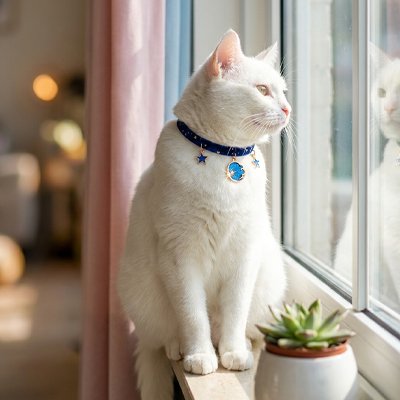 Ce chat blanc observe par la fenêtre collier bleu étoilé plante verte.
