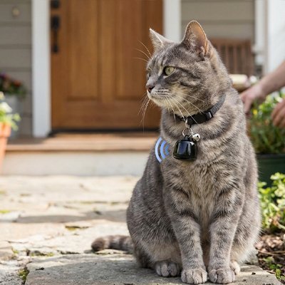 Chat avec un traceur GPS chat dehors de la maison