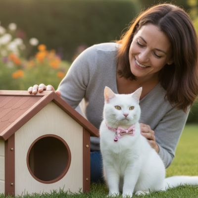 Chat blanc au collier chat rose devant sa maisonnette boisée