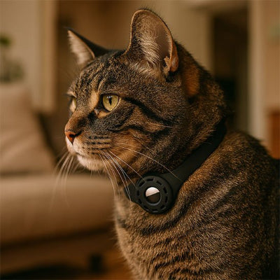 Chat roux assis au salon portant un collier GPS chat noir.