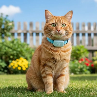 Chat roux avec Collier GPS-chat bleu assis fièrement dans un jardin.