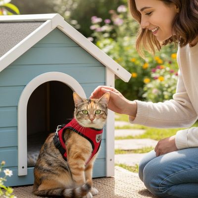 Chat tigre avec son harnais chat rouge devant sa niche