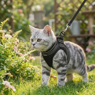 Chaton curieux Ă©quipĂ© dâun harnais, dĂ©couvrant un balcon sĂ©curisĂ© avec plantes vertes