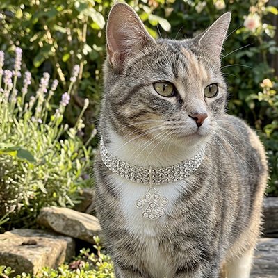 Collier pour chat de luxe avec strass blanc et pendentif patte avec un chat dehors