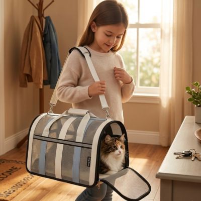 Fille rentrant maison portant chat dans sac de transport chat bleu.