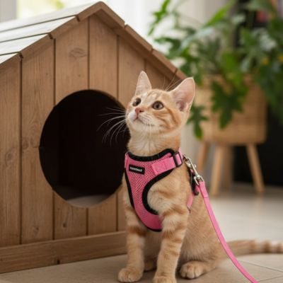 Harnais Chat rose porté par un chaton devant maison bois