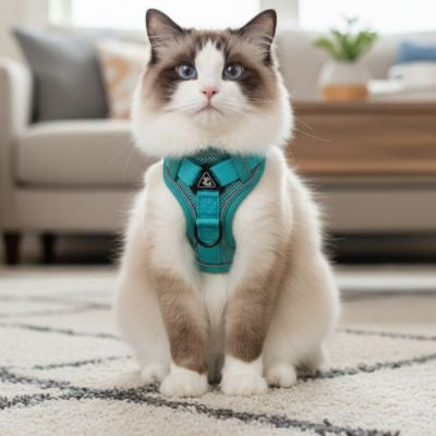 Harnais chat Turquoise porte par mon chat