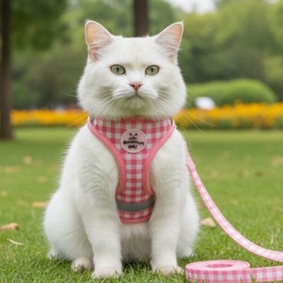 Harnais chat rose chat blanc assis sur pelouse verte