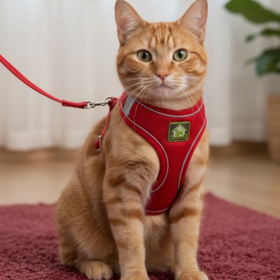 Harnais chat roux assise assise regard attentif confortable doux