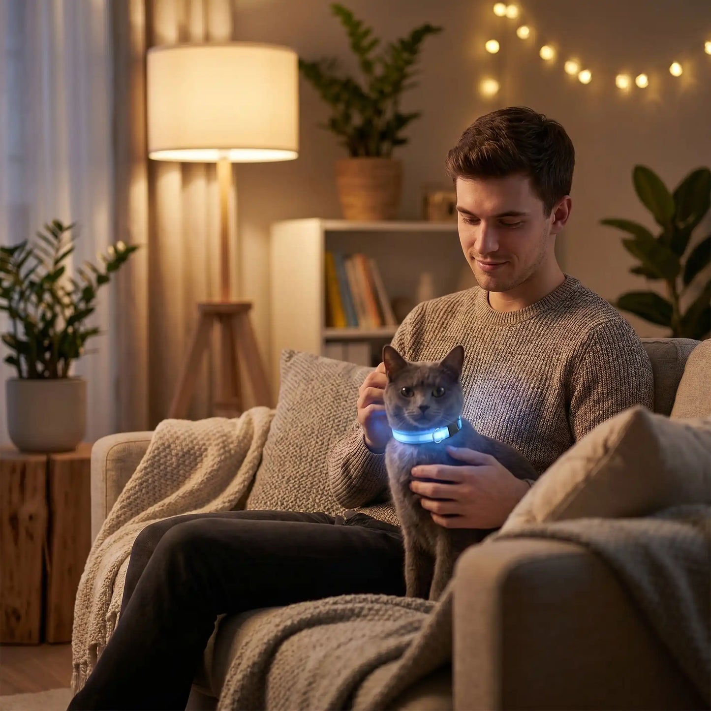 Homme au salon en soirée avec un collier lumineux pour chat.