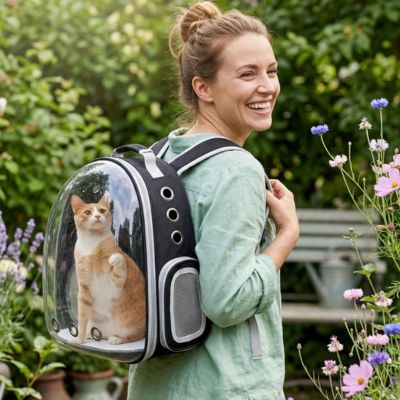 Sac à chat transport Cosmonaute noir à hublot porté dans un jardin.