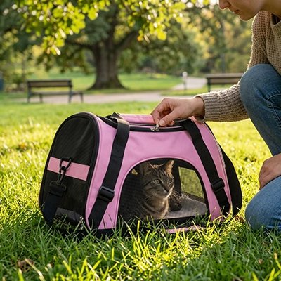 Sac de transport pour Chat sac rose posé sur herbe verte