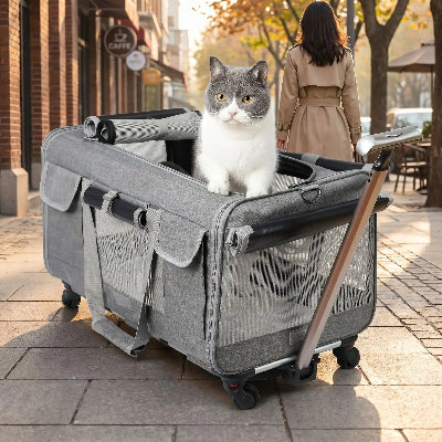 Sac transport chat trolley gris avec un chat gris et blanc.