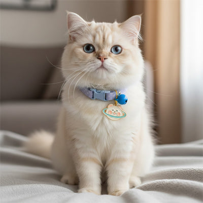 chat blanc avec un collier chat bleu assorti d_une clochette et d un pendentif en forme d ours