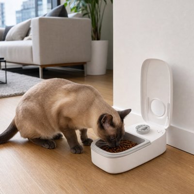 Chat brun mangeant dans une gamelle automatique blanche et grise à couvercle ouvert.