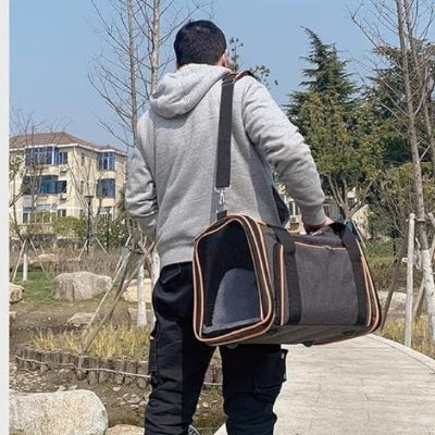 homme portant un Sac de transport pour chat gris avec chaton tigre.