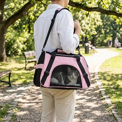 sac de transport pour chat modèle rose à l'épaule dans parc