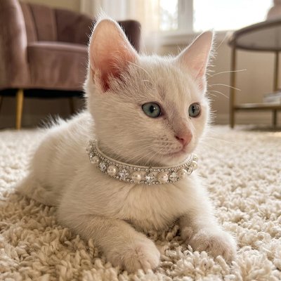 Main humaine tenant un chat avec un collier chat brillant.