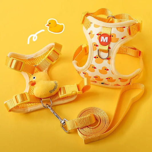 Adorable harnais chaton jaune avec motif canard et laisse assortie