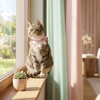 Ce chat regarde par la fenêtre un collier rose fleuri.