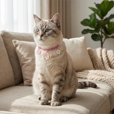 Ce chat tabby porte un collier chat rose fleuri assis.