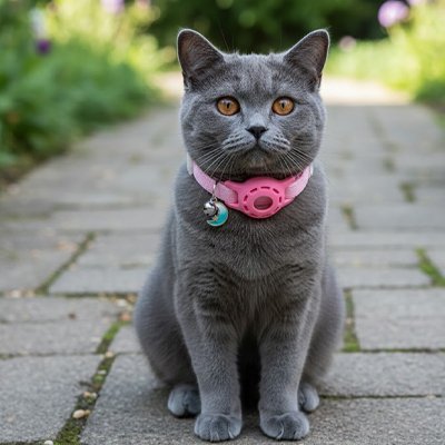 Chat British Shorthair gris assis portant un collier GPS chat rose.