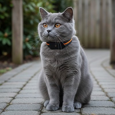 Chat British Shorthair gris yeux oranges avec un collier GPS chat assis sur un chemin.t