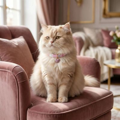 Chat Persan crème avec Collier anti étranglement pour chaton et médaillon cœur rose.

