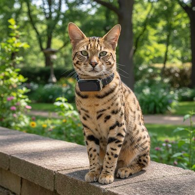 Chat Ragdoll aux yeux bleus avec traceur GPS chat jardin fleuri.
