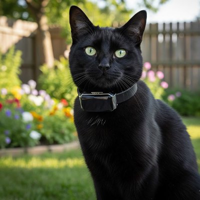 Chat Savannah avec avec-traceur-GPS assis au pelouse.