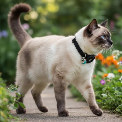 Chat Siamois marchant avec un collier GPS chat noir.

