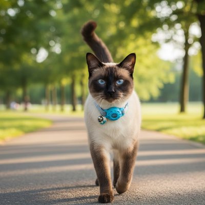Chat Siamois marchant avec un collier GPS chat turquoise.