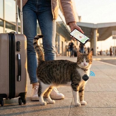 Chat à rayures avec traceur GPS chat a coté d une valise et homme carte sur téléphone. 
