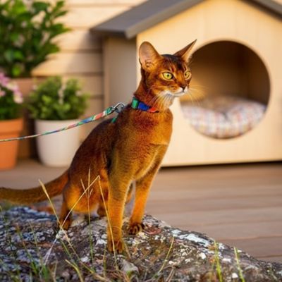 Chat abyssin avec harnais pour chat, explorant l'extérieur près d'une niche.