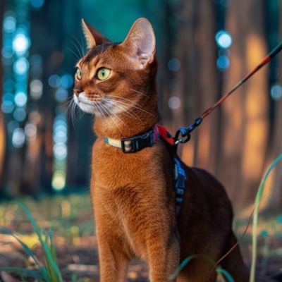 Chat abyssin avec harnais pour chat multicolore explorant la forêt.
