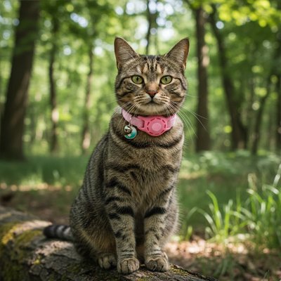Chat assis portant un collier GPS chat rose avec tracker.


