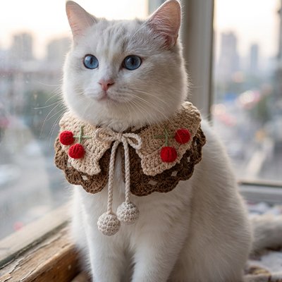 Chat aux yeux bleus avec Collier chat col cerises tricoté au fenêtre.