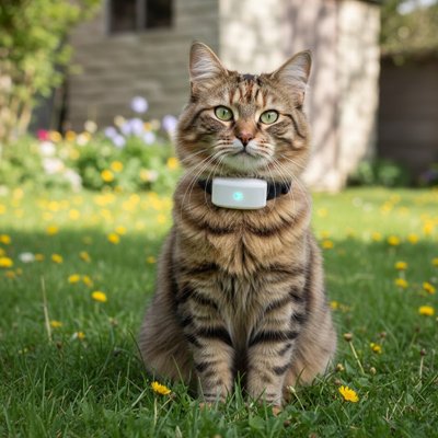 Chat aux yeux verts avec traceur GPS chat lumineux jardin fleuri.