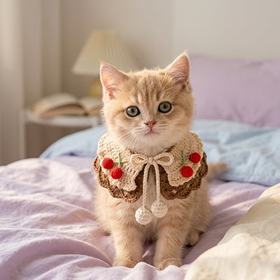 Chat-avec-Collier chat col fraises tricoté rouge au salon.