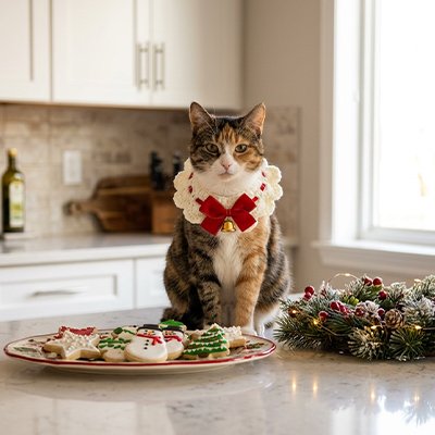 Chat avec collier chat de biscuits et couronne sur comptoir.