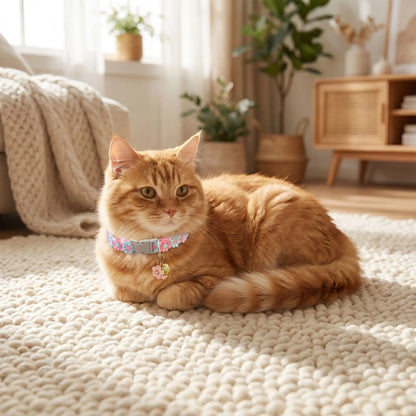 Chat avec collier chat étoile sur un tapis.
