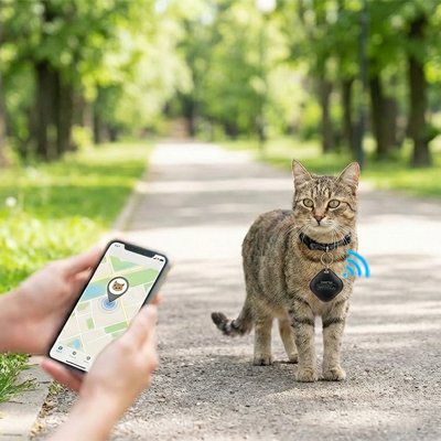 Chat avec traceur GPS chat et femme tenant application de suivi de téléphone.
