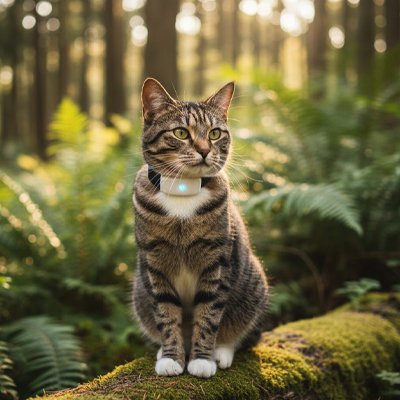 Chat avec traceur GPS chat sur un tronc d'arbre moussue.