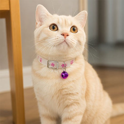 Chat avec un collier chat lumineux violet dans un salon.