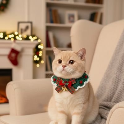 Chat beige clair collier chat Noel tricote, assis fauteuil decorations cheminee.