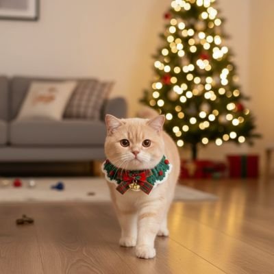 Chat beige clair collier Noel tricote marche vers camera sapin.

