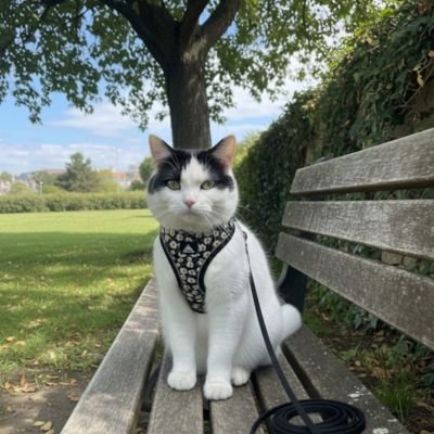 Chat bicolore assis sur un banc avec son harnais chat noir fleuri.