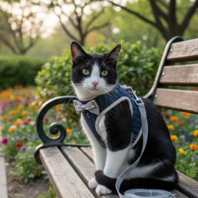 Chat bicolore sur un banc portant son harnais chat bleu marin