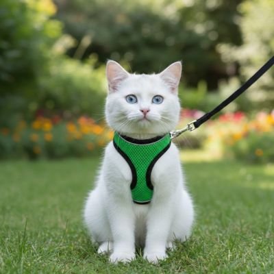 Chat blanc assis dans l'herbe avec son harnais chat vert.
