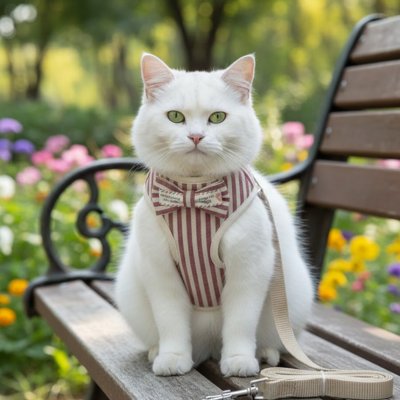 Chat blanc assis portant un harnais pour chat rouge.